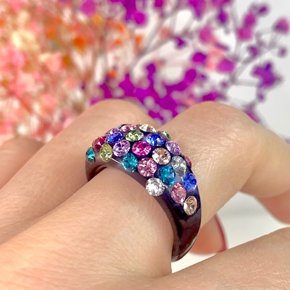Black Acrylic Ring With Multicoloured Swarovski Crystal Stones • Handmade Ring - Picture 5 of 12